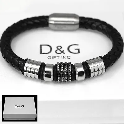 DG Men'sStainless Steel 8.5  Black Braided Leather Magnetic Bracelet*Unisex*BOX • $16.99