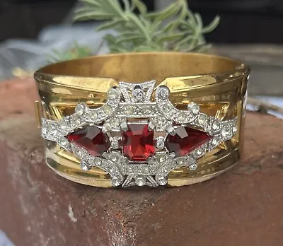 Vintage McClelland Barclay Red Rhinestone Goldtone Wide Bangle Bracelet • $175