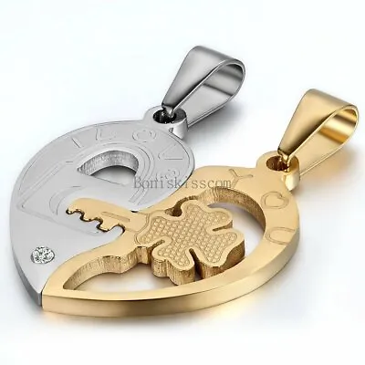 His And Hers Stainless Steel I Love You Heart Lock & Key Couple Pendant Necklace • $9.99