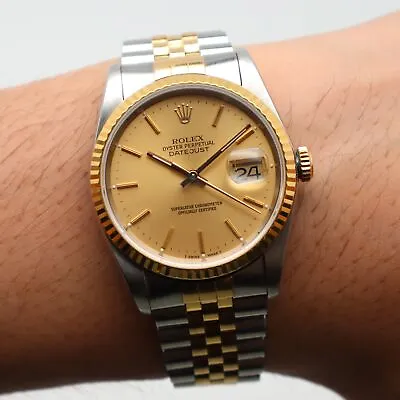 Rolex Datejust 36mm 18k Gold Steel Champagne Dial Automatic Mens Watch 16233 • $9442.79