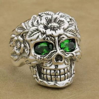 925 Sterling Silver Green CZ Eyes Flower Skull Ring 9W305A US Size 7~15 • $87