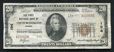 1929 $20 Tyii The First Nb Of North Bennington Vt National Currency Ch. #194 • $199.95