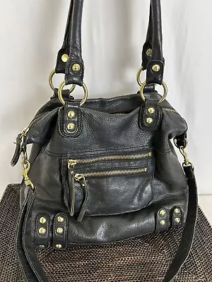 LINEA PELLE Black Leather Handle Studded Hobo Bag Moto Satchel Large ITALY • $39.90