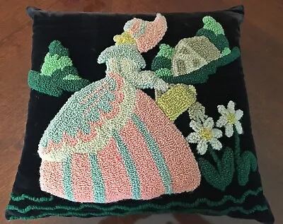 Antique Vtg Black Velvet Punch Needle Crewel Southern Belle Pillow Cottage Chic • $58.99