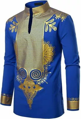 Men's African Dashiki Luxury Tribal Print Shirt Metallic Gold Top Blouse Shirt • £31.31