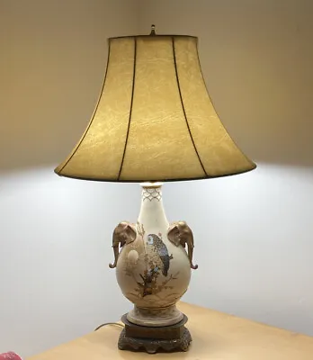 Vintage Hand Painted Moriage Table Lamp W/ Brass Base Elephant Handles • $49