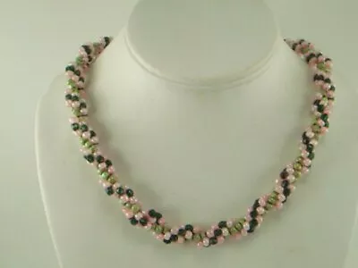 Vintage Ornate 925 Sterling Clasp Beaded Necklace Pink Green Beads • $15