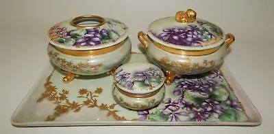 GDA France Limoges Hand Painted Violets Porcelain Dresser Vanity Set On Tray • $249.99