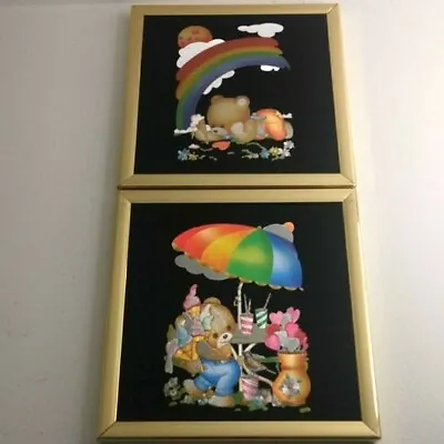 Vtg Metallic Foil Art Bear Two Pictures Kafka Ind. #1035 & #1036 Framed Rainbow • $17.95