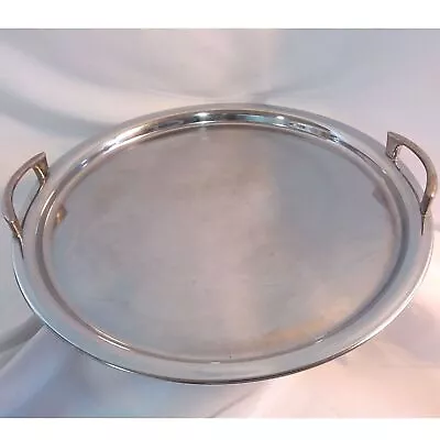 Vintage Mid-Century Round Chrome Serving Tray Gold Tone Handles  Platter 12.5 In • $18