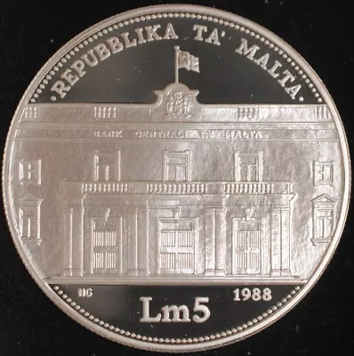 1988 Malta 5 Liri Silver Proof 20th Anniv. Central Bank • $120