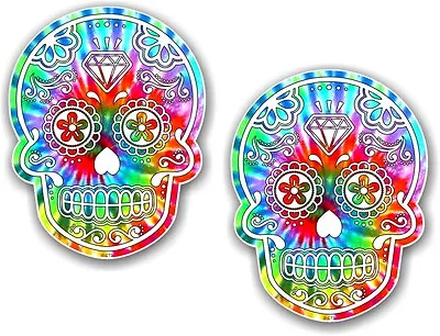 2pcs 70x55mm Mexican Day Of The Dead Sugar Skull Hippy Tie Dye Motif Car Sticker • £2.72