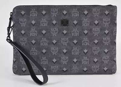 New MCM Jacquard Leather Veritas Visetos Logo Wristlet Purse Clutch Pouch GREY • $231