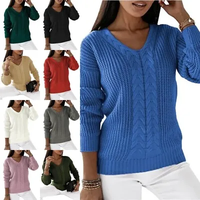 Womens V Neck Cable Knitted Sweater Ladies Plain Loose Knit Pullover Jumper Tops • £17.97