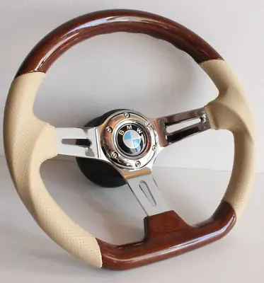 Steering Wheel Fits For BMW Flat Wood Chrome Beige Leather E24 E28 E30 E34 86-92 • $206.97