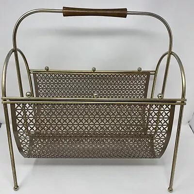 Vintage Mid Century Modern Mesh Metal Magazine Rack Wood Handle Brass Brown • $34