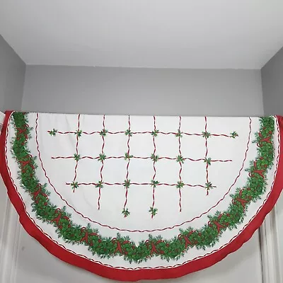 Vintage 66  Round Christmas Cotton Silk Screened Tablecloth Holly Ribbons Pine • $12