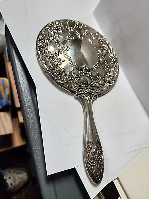 Vintage 1900's Hand Held Mirror Round Vanity Silver Plate Heavy Floral Ornate  • $22