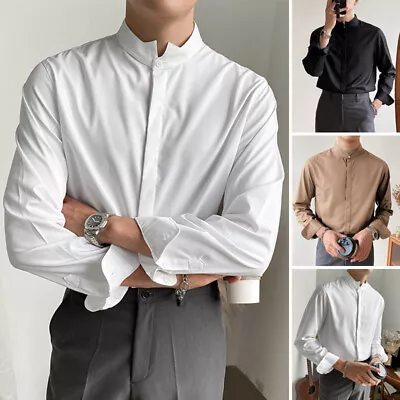 Mens Long Sleeve Formal Shirt Collarless Button Up Blouse Office Smart Shirt Top • $17.76