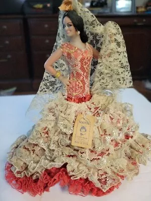 Vintage 7.5  Marin Chiclana Spanish Flamenco Dancer Doll Beautiful Lace Over Red • $13