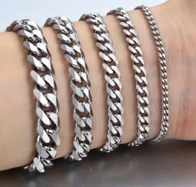 18-25cm Stainless Steel Silver Curb Link Chain Bracelet Thick 10/8/6/4/3mm UK C5 • £3.29