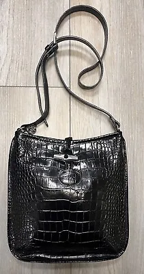 Longchamp Black Roseau Leather Croc Embossed Crossbody Bag EXCELLENT! • $135