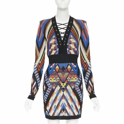 $1424.98 • Buy New BALMAIN Ethnic Tribal Knitted Lace V-neck Bodycon Mini Dress FR38 M