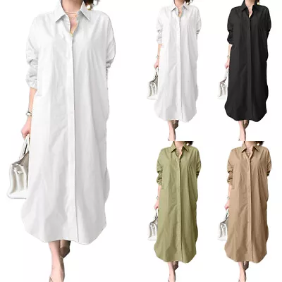 $33.09 • Buy Plus Size Women Long Sleeve Shirt Dress Casual Loose Office Solid Maxi Dresses