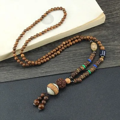 Ethnic Jewelry Party Buddhist Mala Wood Bead Horn Fish Pendant Nepal Necklace • £5.50