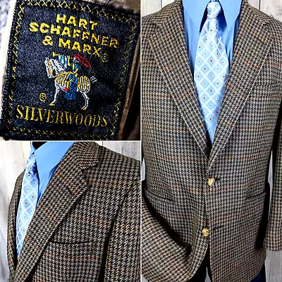 VTG 80s Hart Schaffner Marx 40-42R Blazer Wool Brown Houndtooth Tweed Two Button • $42.95