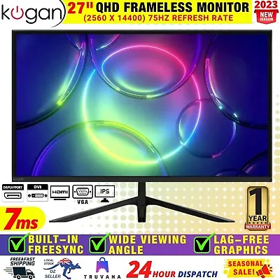 $336.80 • Buy Kogan 27  QHD 75Hz Frameless FreeSync IPS Monitor DP VGA HDMI (2560 X 1440)