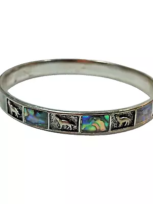 Abalone Shell & Silver Tone Bangle Wolf - Stamped  M  • $11.58