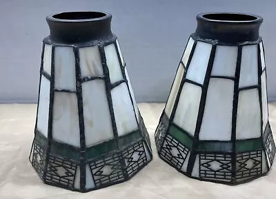 Slag Glass Art Deco Style Nouveau Mission Student Lamp Shades Pair 10 Sided • $54.99