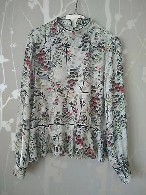 Zara Flower Print Top UK L Peplum Hem Floral Top Button Back High Neck • £14.99