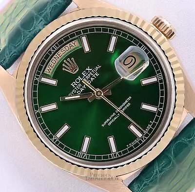 Rolex Day-Date 36mm President 18k Gold 18238-Green Stick Dial-Green Leather Band • $15500