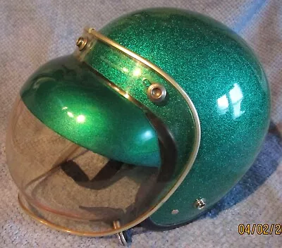 Vintage 1960s/70s Green Metallic Motorcycle Helmet With Bubble Shield **Nice** • $10.50