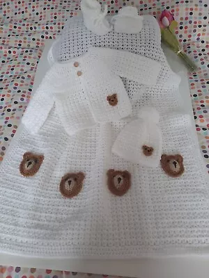 Hand Knit (crochet) Teddy Bear Baby Set/layette/baby Shower Gift - Newborn - Bn • £20