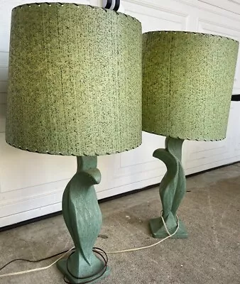 PAIR OF Mid Century Modern Green Gold Retro Lamps W/ Fiberglass Lampshades • $125