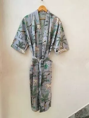 $43.99 • Buy Anokhi Indian Cotton Jungle Floral Printed Long Kimono Dress Nightwear Maxi Gown