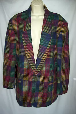 Vtg Pappagallo Multicolor Plaid Wool Blazer Suit Jacket Paisley Lining Size 14 • $18.99