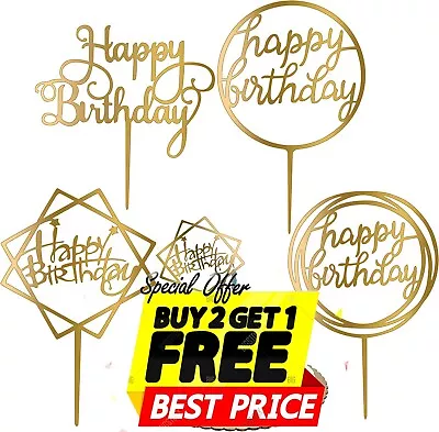 JUFO UK  Love Happy Birthday Cake Topper Card Acrylic Party Decor Supplies Gold • £1.75