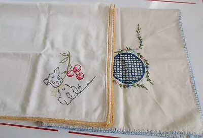 2 Vintage Hand Embroidered Cotton Tablecloths Flowers Birds Dog 33  • $10.99