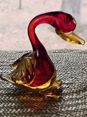 Vtg Murano Style Ruby Red 4.5  Ruby Red Duck With Rippled Wings Figurine Glows • $38