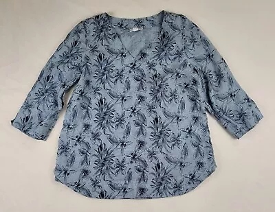 J Jill Love Linen Vneck Shirt Womens XS Floral Blue Pullover • $13.95