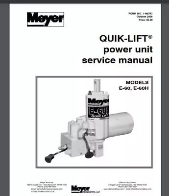 Meyer Snow Plow Pump Service Manual E-60 E-60H Models 56 Pg. Comb Bound • $19.95