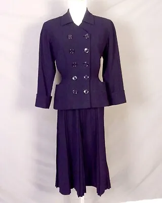 Vintage 40s Lockharts Navy Blue Gabardine 2 Pc Peplum DB Suit Jacket & Skirt 6/8 • $215.99