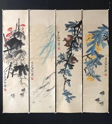 Chinese Old Character Painting Scroll  Qi Baishi Flower Bird  Painting Screen 43 • $109