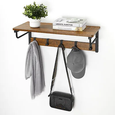 Mondeer Wall Mounted Coat Rack With 5 Hooks And Shelf Rack Clothes Hat Hanger • £23.99