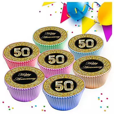 50th Age 50 Anniversary Black Gold Edible Cupcake Toppers Cake Decorations 8426 • £2.99