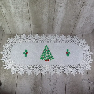 Lace Holly Table Mantle Scarf With Hollies And Berries And Christmas Tree 29x14 • $20